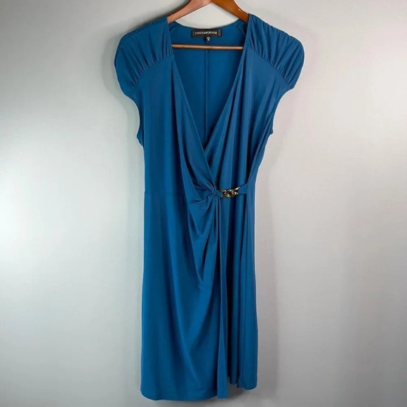 CONTEMPORAINE NWT Faux Wrap Dress Dark Teal Blue Chain Simons Ruched Size M - Picture 11 of 11